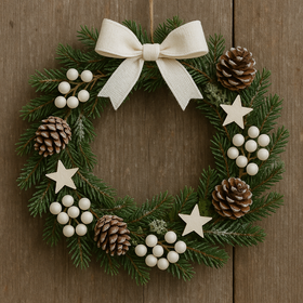 Zimowy wianek z prawdziwego igliwia – biel i juta