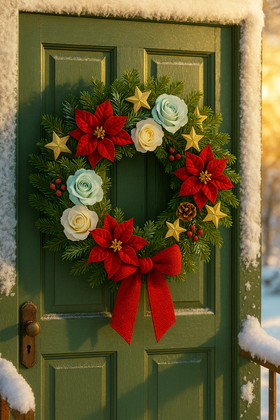 Wianek świąteczny 50 cm na sztucznym igliwiu – czerwone gwiazdy betlejemskie, róże, szyszki i jutowa kokardazyki i gwiazda betlejemska