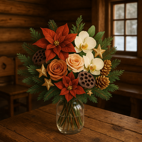 Bukiet świąteczny 40 cm – igliwie, poinsecje, róże, storczyki, szyszki i lotosy w kolorach czerwieni, kremu, złota i zieleni