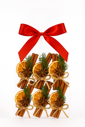 Dekoracja świąteczna z cynamonem 15 cm GrandDeco – 6 szt. naturalne ozdoby z pomarańczą, anyżem i świerkiem do stroików i prezentów