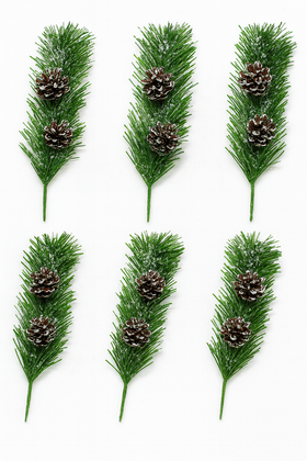 Zimowe gałązki dekoracyjne 20 cm – komplet 6 szt. z szyszkami bielonymi i lekkim efektem śniegu