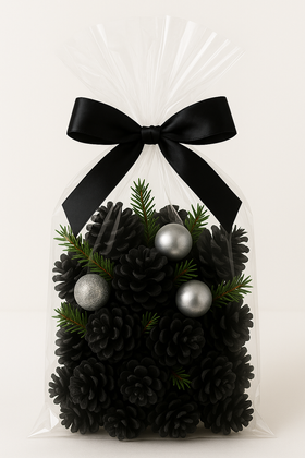 Szyszki dekoracyjne czarne z gałązkami i srebrnymi dodatkami GrandDeco – 1 l zestaw świąteczny glamour