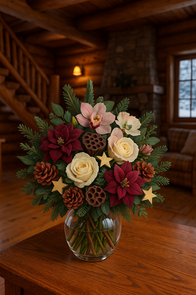 Bukiet świąteczny 40 cm – iglaste gałązki, kremowo-bordowo-brązowa kolorystyka, róże, storczyki, lotosy, szyszki i gwiazdki