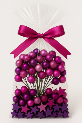 Zestaw Świąteczny GrandDeco – 90 Bombek na Druciku w Odcieniach Magenty i Fioletu + 36 Drewnianych Gwiazdek 3 cm
