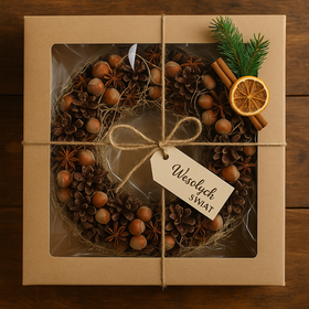 Wianek świąteczny z szyszek, orzechów, cynamonu i anyżu 30 cm