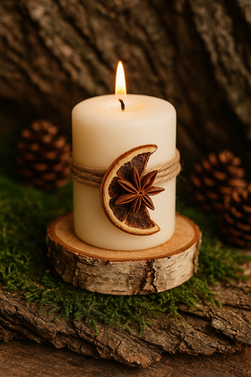 Świeca świąteczna Pachnąca Zima na drewnianym plastrze