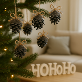 Dekoracje świąteczne. Szyszki. Zawieszki ozdoby choinkowe- czarno-grafitowe z piórami 6 szt/op