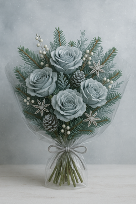 Bukiet świąteczny 30 cm – srebrno-szaro-zielony na igliwiu, srebrne róże, szyszki i dodatki